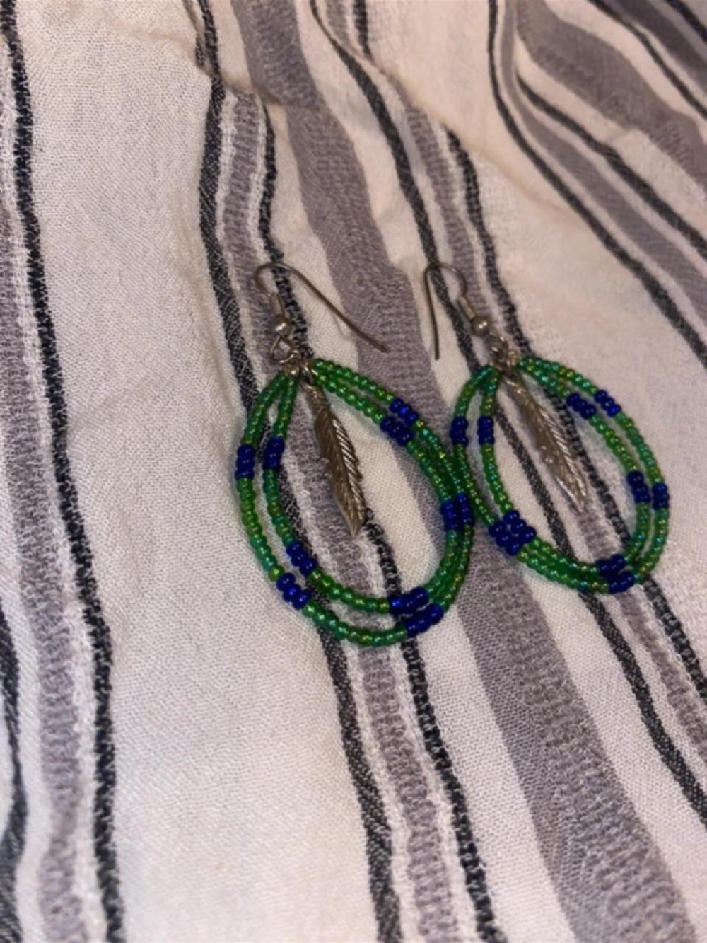 Boho Beaded Hoop Earrings Green Blue Seed Bead Silver Feather Dangle Western